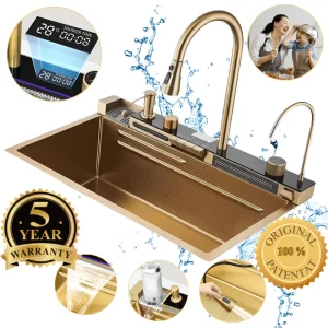 Set Chiuveta Bucatarie Multifunctionala Moderna, Otel Inoxidabil 304, Afisaj LED, Capacitate Mare, Moduri Apa Variate, Robinet Extractibil, Design Modern, Sine Duble, Dispenser Detergent, Finisaj Auriu, Eficienta Energetica, Durabilitate Superioara, Auriu
