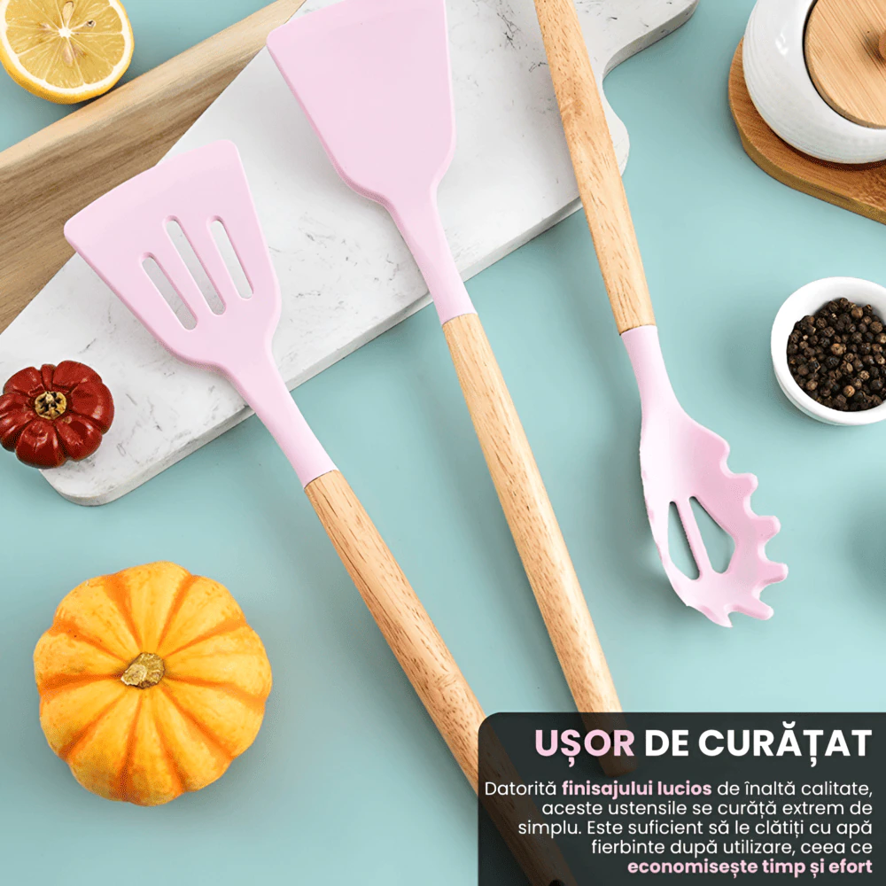 Set Premium Ustensile de Bucatarie pentru Gatit, 12 Piese din Silicon cu Manere din Lemn Bambus Ergonomice, Durabile, Sigur pentru Alimente, Rezistente la Temperaturi Inalte, Usor de Curatat si Organizat, Roz - imagine 6