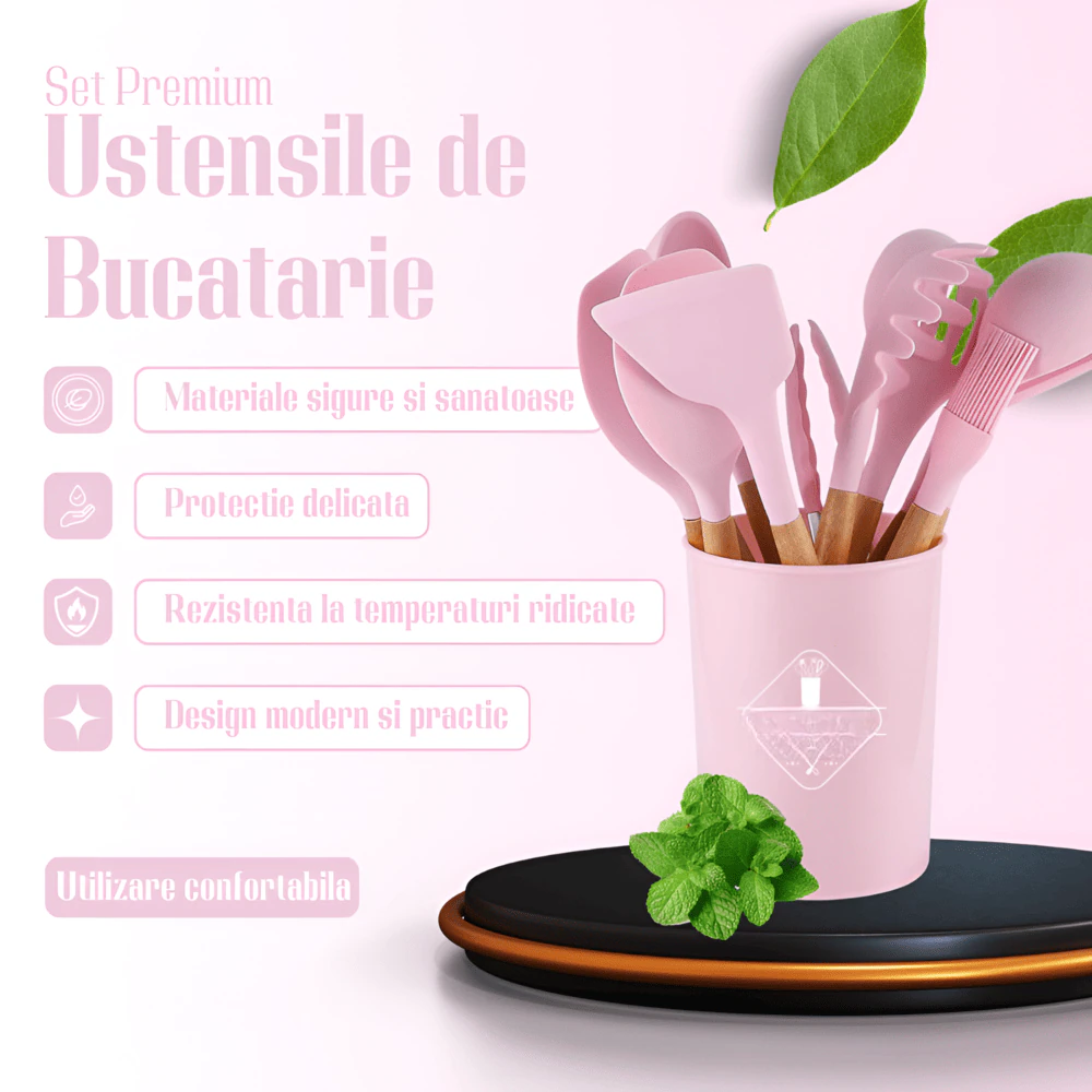 Set Premium Ustensile de Bucatarie pentru Gatit, 12 Piese din Silicon cu Manere din Lemn Bambus Ergonomice, Durabile, Sigur pentru Alimente, Rezistente la Temperaturi Inalte, Usor de Curatat si Organizat, Roz - imagine 4