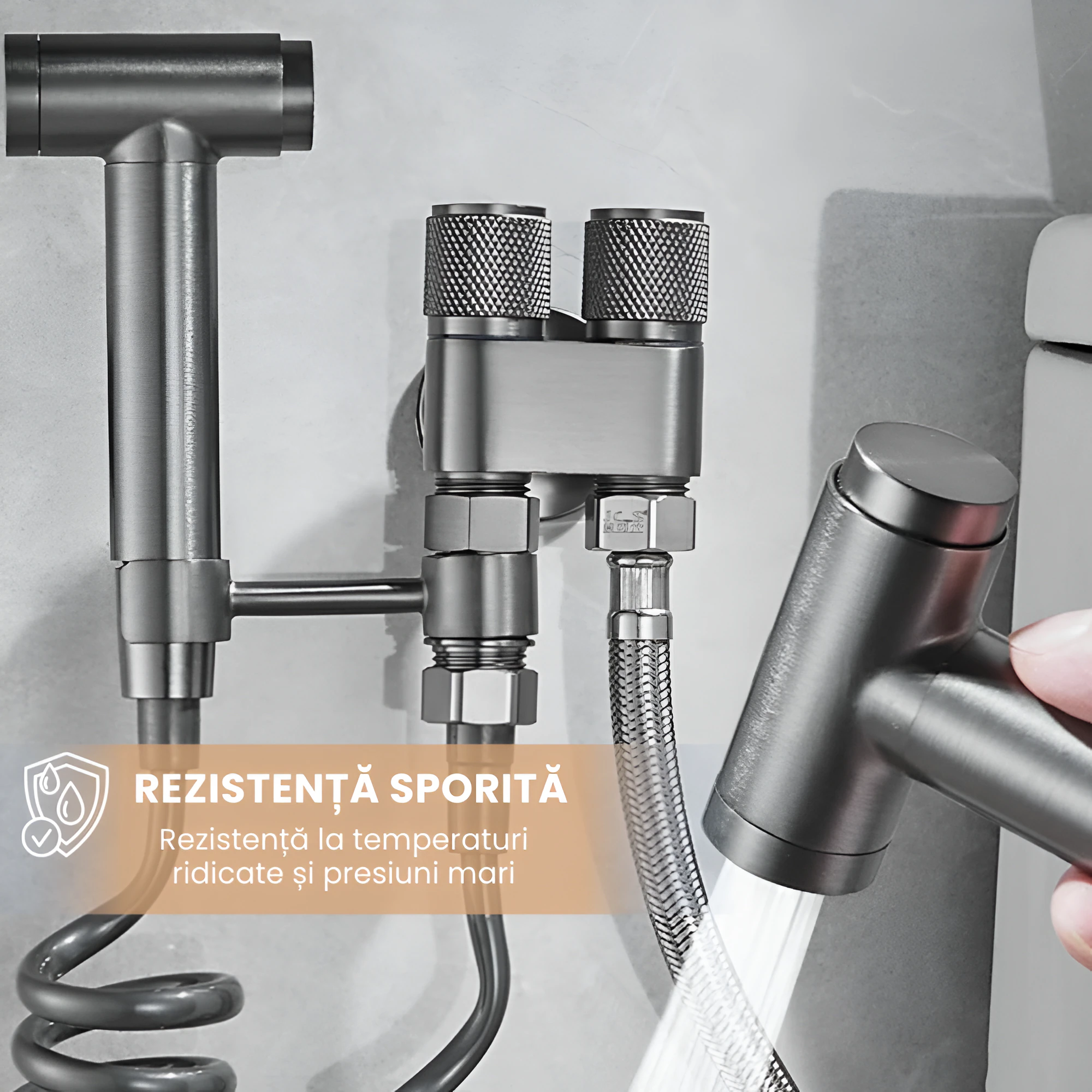 Robinet Unghiular Dublu 2 In 1, Inlet Unic, Doua Iesiri, Control Dublu Independent, Otel Inoxidabil, Finisaj Lucios, Compact, Baie, Bucatarie, Cromat - imagine 3