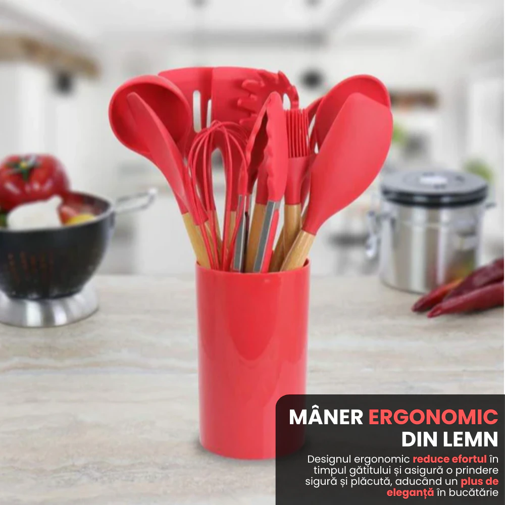 Set Premium Ustensile de Bucatarie pentru Gatit, 12 Piese din Silicon cu Manere din Lemn Bambus Ergonomice, Durabile, Sigur pentru Alimente, Rezistente la Temperaturi Inalte, Usor de Curatat si Organizat, Rosu - imagine 3