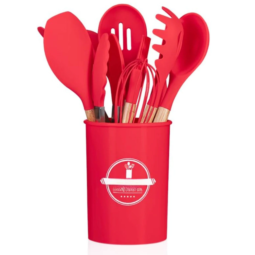 Set Premium Ustensile de Bucatarie pentru Gatit, 12 Piese din Silicon cu Manere din Lemn Bambus Ergonomice, Durabile, Sigur pentru Alimente, Rezistente la Temperaturi Inalte, Usor de Curatat si Organizat, Rosu
