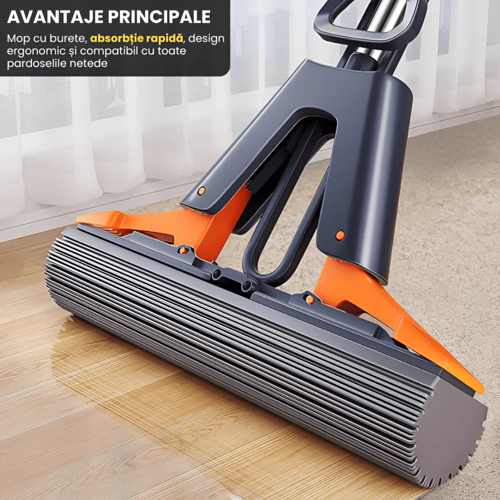 Mop 38cm cu 1 Burete Super Absorbant, 38cm latime, Maner Telescopic, Sistem Stoarcere Automat Hands-Free, Curatare Rapida si Eficienta, PVA Premium, Potrivit pentru Parchet, Gresie, Laminat, Absorbtie Umeda Maxima, Negru crom - imagine 6