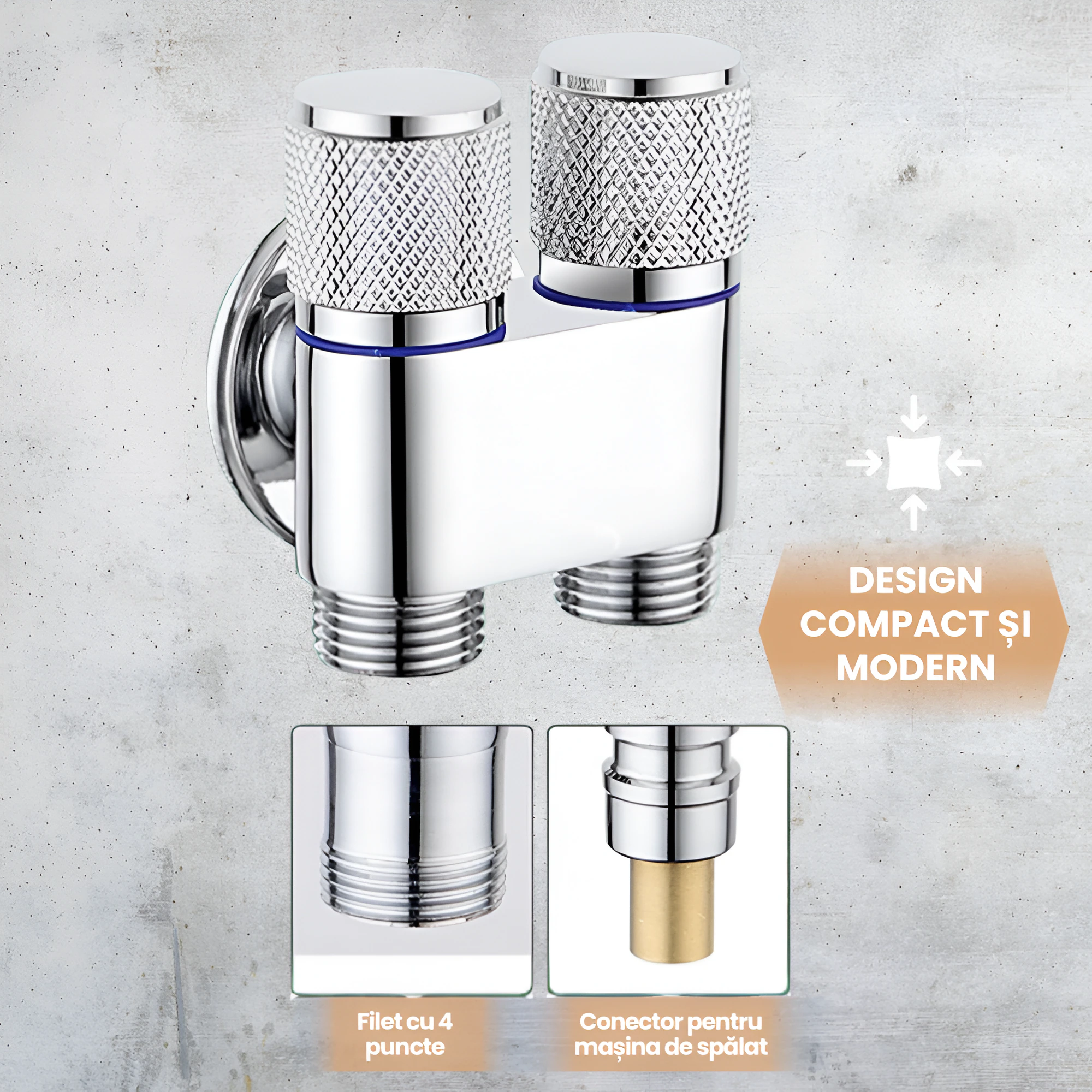 Robinet Unghiular Dublu 2 In 1, Inlet Unic, Doua Iesiri, Control Dublu Independent, Otel Inoxidabil, Finisaj Lucios, Compact, Baie, Bucatarie, Cromat - imagine 5