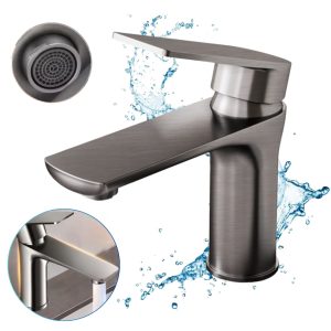 Baterie Baie Monocomanda, Alama Solida, 2 furtune 80cm incluse, Model Universal, Baterie Lavoar cu Jet Apa Silentios, Finisaj Premium Anti Calcar si Zgarieturi, Instalare Usoara, Compatibil Lavoar Blat Chiuveta RV, Economie Apa, Design Modern, Gri periat