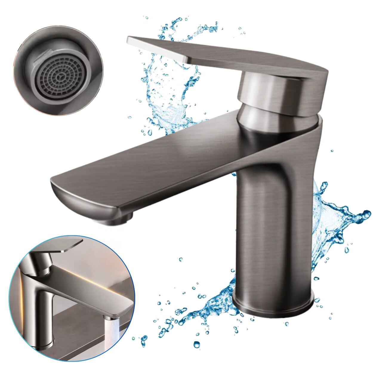 Baterie Baie Monocomanda, Alama Solida, 2 furtune 80cm incluse, Model Universal, Baterie Lavoar cu Jet Apa Silentios, Finisaj Premium Anti Calcar si Zgarieturi, Instalare Usoara, Compatibil Lavoar Blat Chiuveta RV, Economie Apa, Design Modern, Gri periat