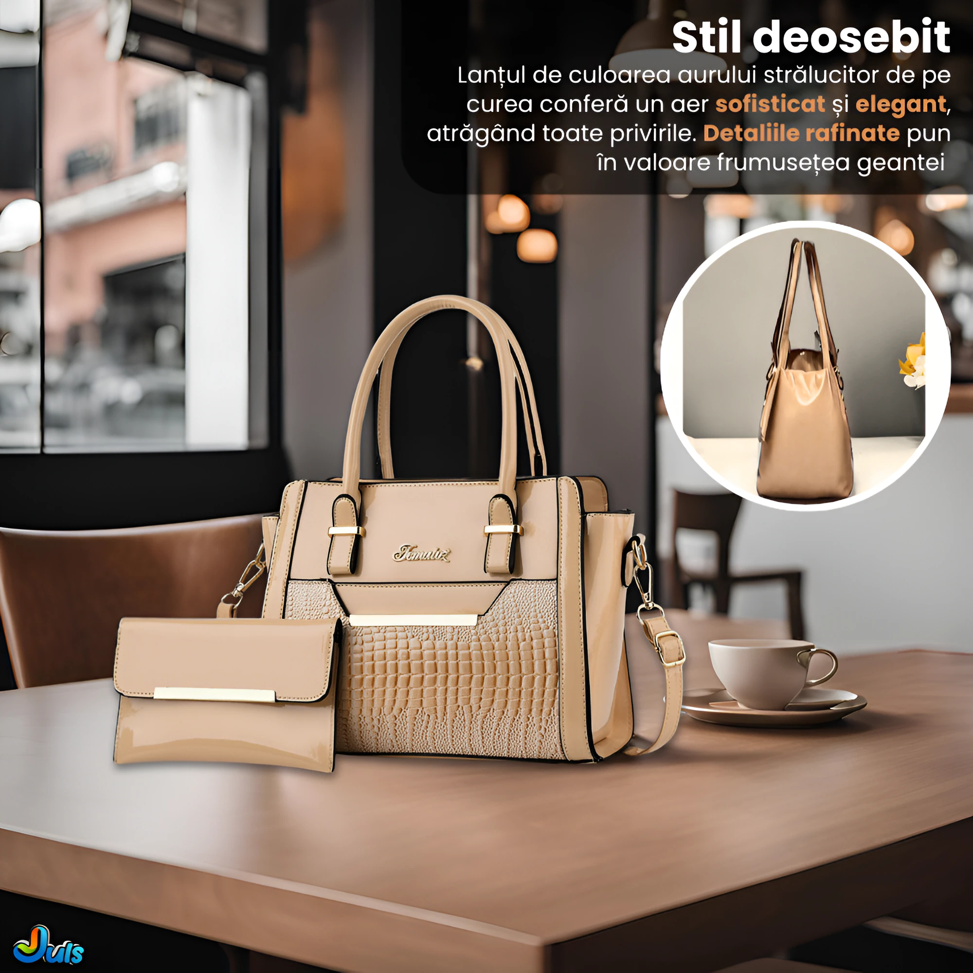 Geanta cu Poseta, Piele Sintetica Premium, Design Elegant, Durabilitate Superiora, 26x21cm, Bej - imagine 2