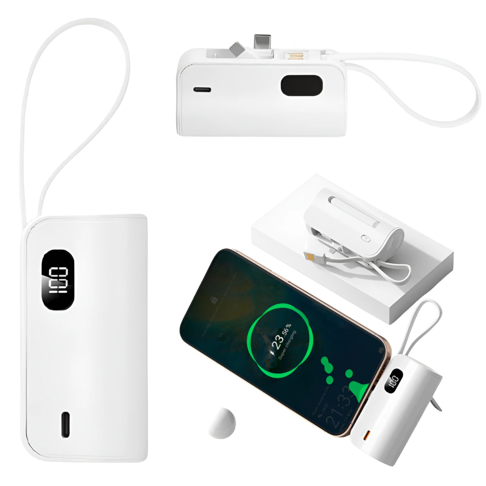 Powerbank Portabil Universal cu 3 mufe USB-C, USB-A si Lightning, Model Nou, Acumulator extern, Baterie Externa, Compatibilitate Extinsa, Smartphone, Tableta, Energie Oriunde, Incarcare Rapida, Silicon, Compact, Alb