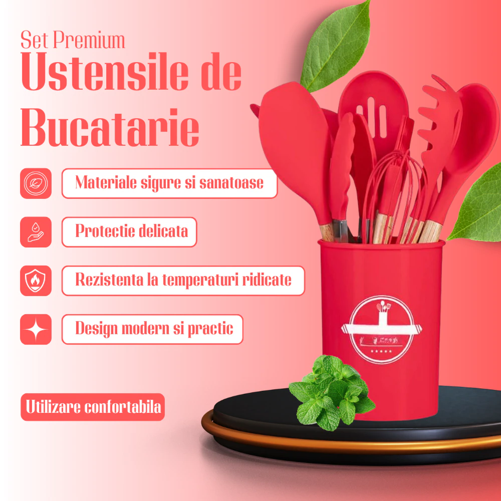 Set Premium Ustensile de Bucatarie pentru Gatit, 12 Piese din Silicon cu Manere din Lemn Bambus Ergonomice, Durabile, Sigur pentru Alimente, Rezistente la Temperaturi Inalte, Usor de Curatat si Organizat, Rosu - imagine 5