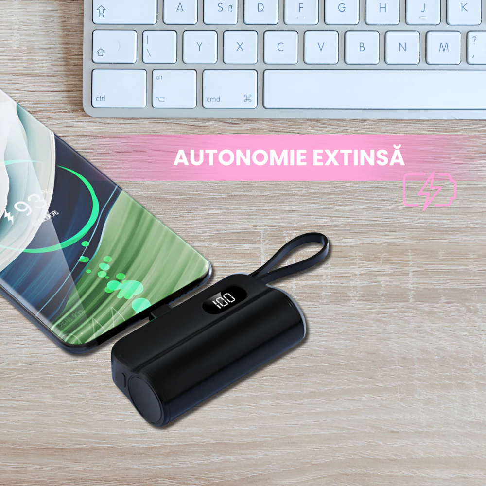 Powerbank Portabil Universal cu 3 mufe USB-C, USB-A si Lightning, Model Nou, Acumulator extern, Baterie Externa, Compatibilitate Extinsa, Smartphone, Tableta, Energie Oriunde, Incarcare Rapida, Silicon, Compact, Negru - imagine 5