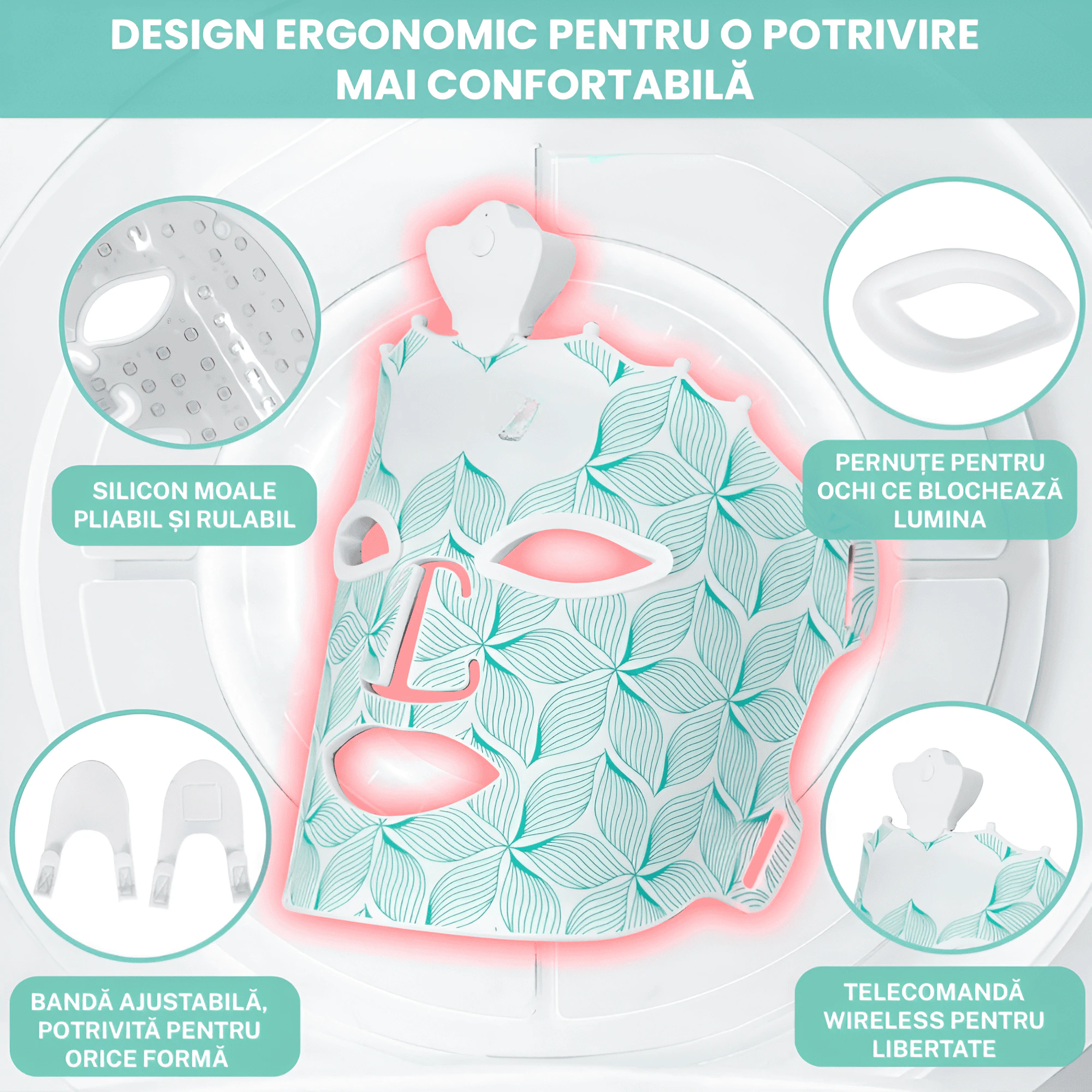 Masca LED terapie cu lumina rosie, Spectru facial 7 Culori, Masca Silicon Verde, Rejuvenare Piele Anti Rid, Colagen, Elasticitate, Calmarea Tenului, Curatare Porilor, Economisire, Tratament Avansat Acasa, red light - imagine 4