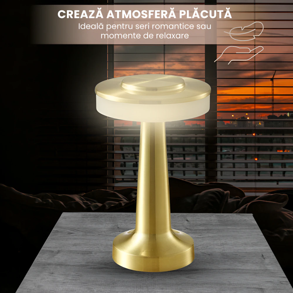 Lampa De Masa LED Wireless Portabila cu Port USB Si acumulator 1800mAh, control Tactil, Autonomie Pana la 180h, 3 Moduri Luminozitate Reglabila, Cald, Neutru, Rece, Design Modern, Metal ABS, Auriu - imagine 3