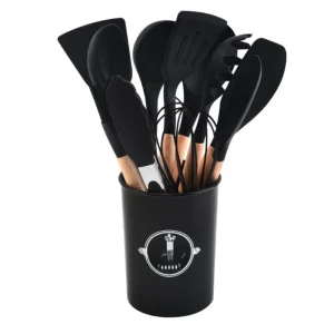 Set Premium Ustensile de Bucatarie pentru Gatit, 12 Piese din Silicon cu Manere din Lemn Bambus Ergonomice, Durabile, Sigur pentru Alimente, Rezistente la Temperaturi Inalte, Usor de Curatat si Organizat, Negru